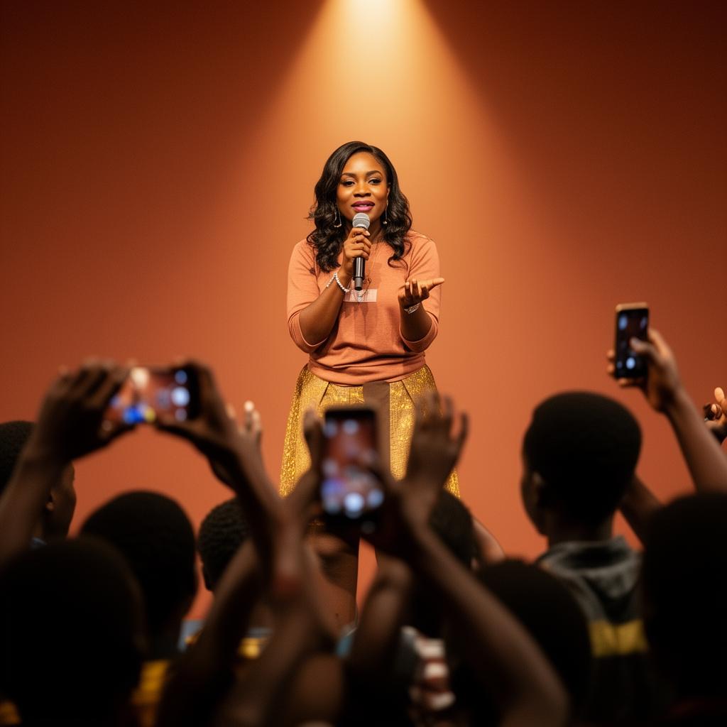 Creator on stage speaking to a captivated audience filming on phones