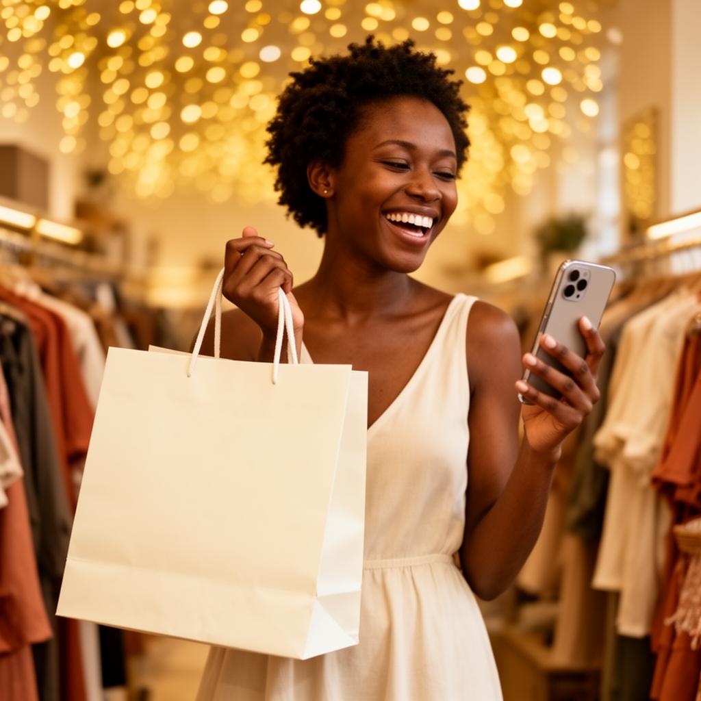 Delighted customer in a boutique holding a shopping bag and smartphone