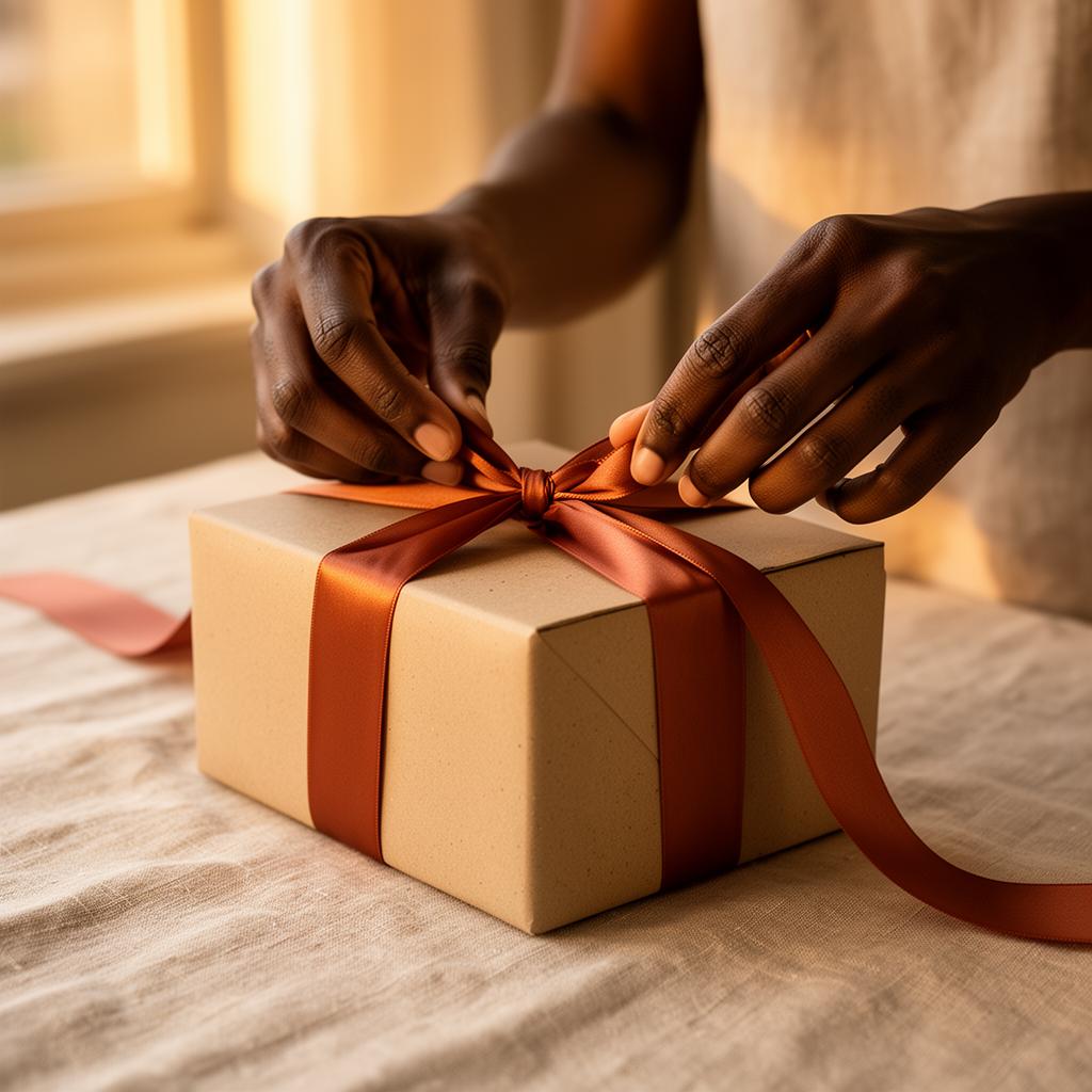 Hands tying a terracotta satin ribbon around a kraft-paper gift box