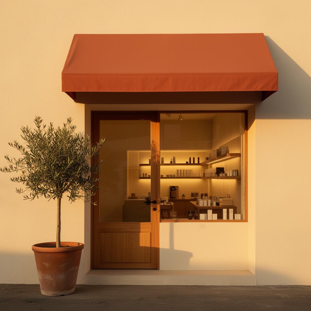 Minimalist boutique storefront with terracotta awning at golden hour